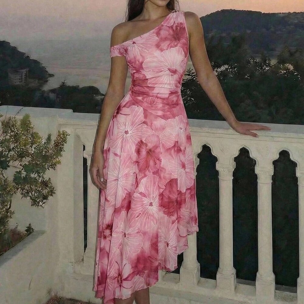Hot Pink Boho Women's Minimalist Floral Print Asymmetric Dress